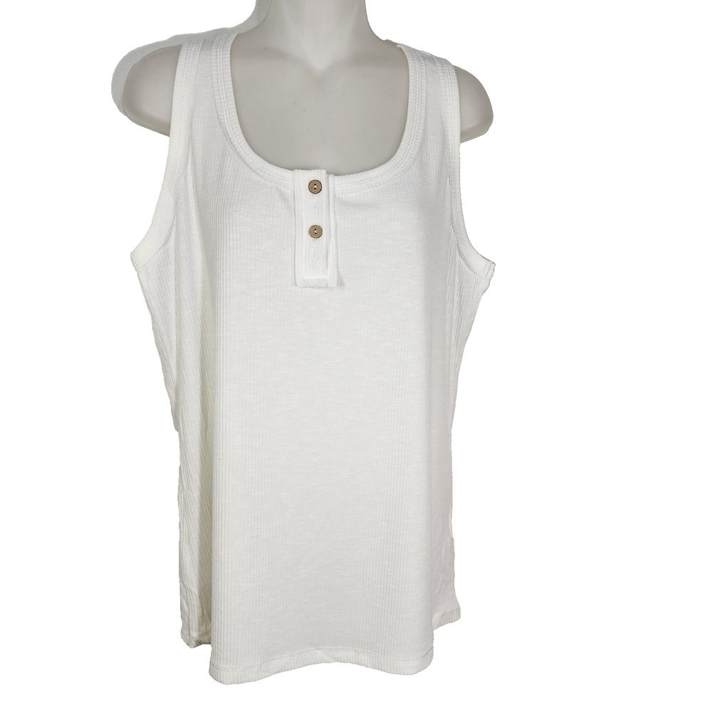 Sunbs Tank Top Womens XXL White Ribbed Sleeveless Scoop Neck Lightweight Buttons